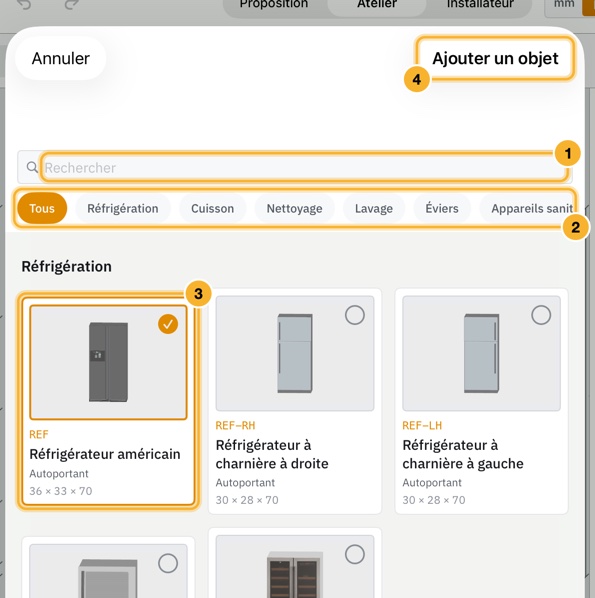 La feuille Catalogue d’objets 3D. Un champ de recherche et une rangée de boutons de section surmontent les cartes de réfrigérateurs, avec une carte sélectionnée et Ajouter un objet en haut à droite.
