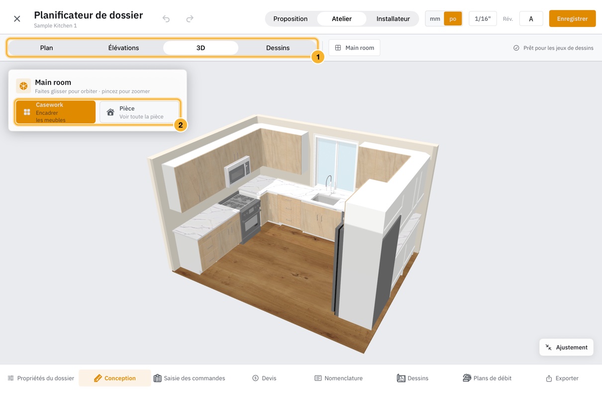 La vue 3D de la cuisine d’exemple : une rangée de meubles en U avec plans de travail, une cuisinière à gaz, une fenêtre et un réfrigérateur, vue d’en haut et de côté.