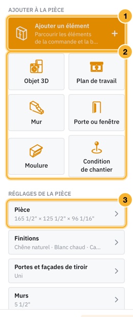 Le panneau Éléments et pièce à côté du plan. Ajouter un élément est le bouton ambre en haut, six vignettes se trouvent dessous, et les réglages de la pièce sont repliés en lignes plus bas.