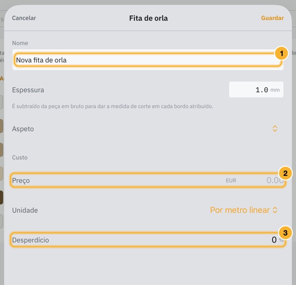 O editor de fita de orla aberto a partir de Adicionar uma fita de orla: um nome, uma espessura, um aspeto, um preço por metro linear e uma percentagem de desperdício.