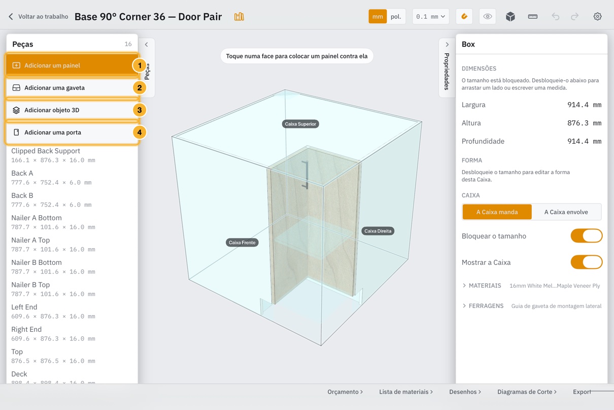 O editor de itens com a lista Peças aberta. Quatro botões estão acima da lista: Adicionar um painel, Adicionar uma gaveta, Adicionar objeto 3D e Adicionar uma porta; o primeiro está realçado, com uma indicação para tocar numa face.