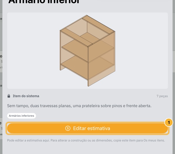 A página de detalhes de um item incluído, com a sua imagem, nome e etiquetas, e um botão Editar estimativa.