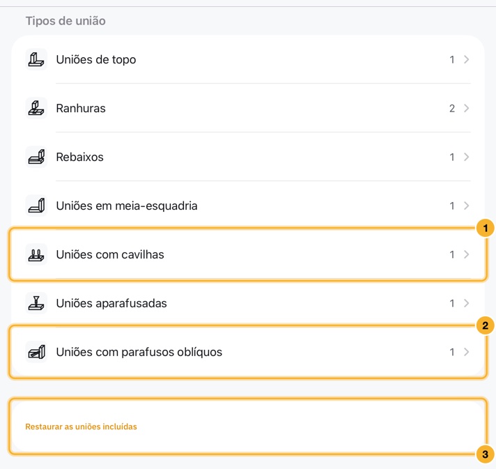 O separador Uniões: uma lista de tipos de união, das uniões de topo às uniões com parafusos oblíquos, cada uma com um número, e por baixo um botão Restaurar as uniões incluídas.