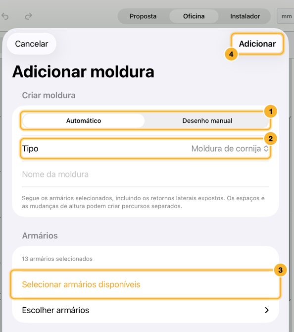 A folha Adicionar moldura. O grupo Criar moldura tem Automático e Desenho manual, um menu Tipo e um nome, e o grupo Armários oferece Selecionar armários disponíveis.