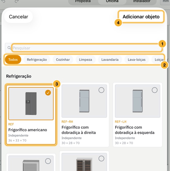 A folha Catálogo de objetos 3D. Um campo de pesquisa e uma fila de botões de secção estão acima dos cartões de frigoríficos, com um cartão selecionado e Adicionar objeto no canto superior direito.