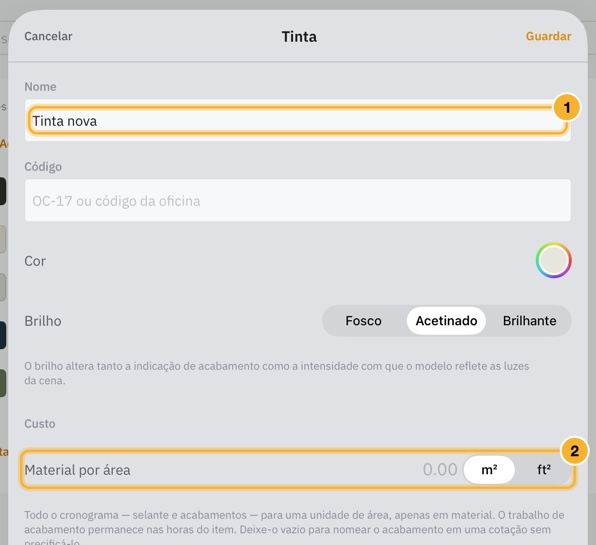 O editor de tinta aberto a partir de Adicionar uma tinta: um nome, um código, uma cor, um brilho fosco, acetinado ou brilhante, e o custo do material por área.