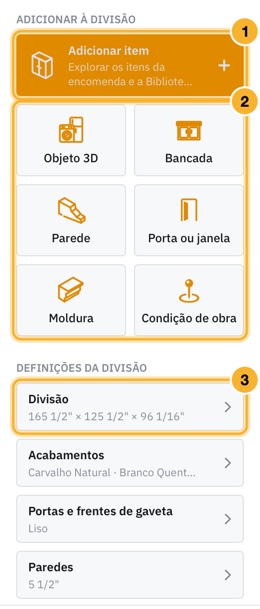 O painel Itens e divisão ao lado da planta. Adicionar item é o botão âmbar no topo, seis mosaicos ficam por baixo e as definições da divisão estão recolhidas em linhas mais abaixo.