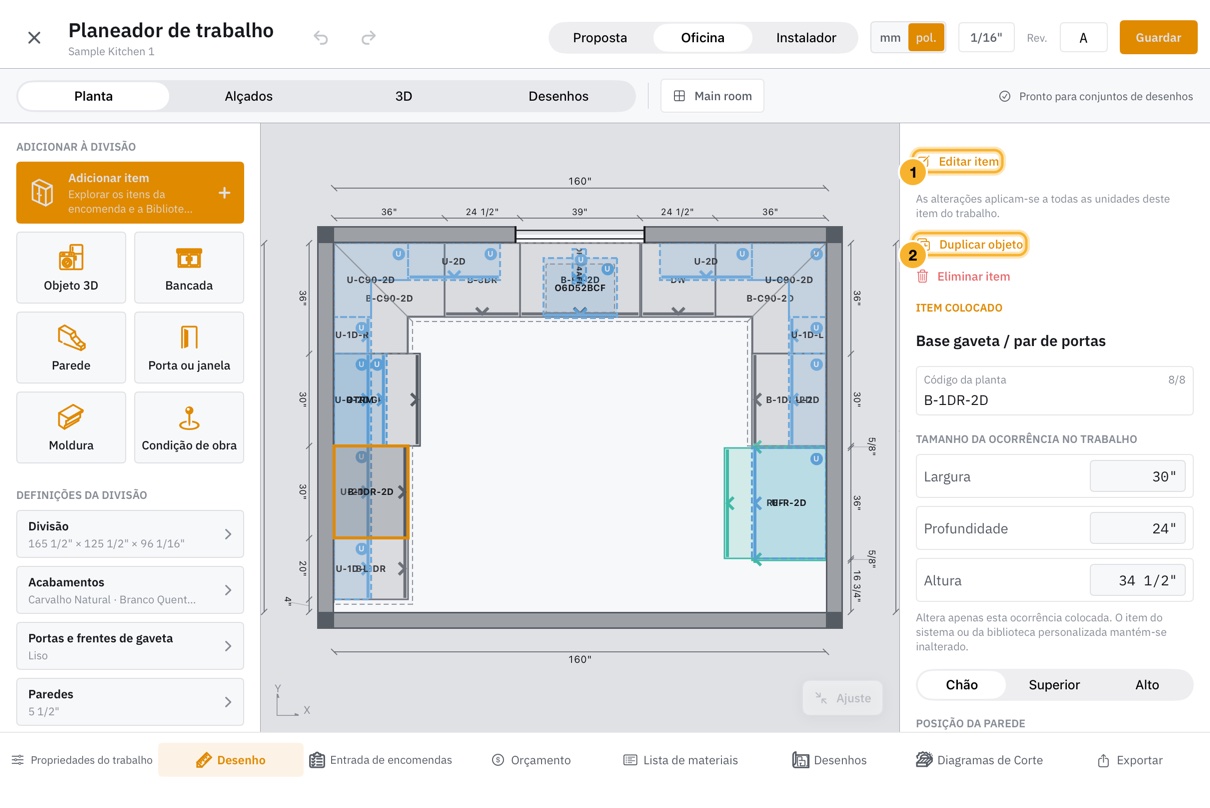 Um armário baixo selecionado na planta. O inspetor mostra Editar item, Duplicar objeto e a ação vermelha Eliminar item acima de Código da planta e dos campos de largura, profundidade e altura.