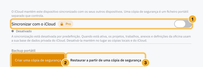 Definições, Cópia de segurança e iCloud. Um interruptor Sincronizar com o iCloud está acima de dois botões: Criar uma cópia de segurança e Restaurar a partir de uma cópia de segurança.