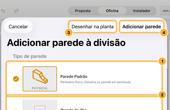 A folha Adicionar parede à divisão com dois tipos de parede, Parede Padrão e Parede de ilha, e Desenhar na planta e Adicionar parede no canto superior direito.