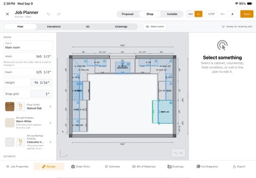 Casework floor plan showing a U-shaped cabinet layout and room dimensions